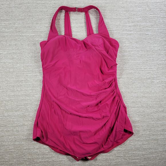 VTG Lands End One Piece Womens 14 Pink Halter Ruched Padded Beach Swimwear - Picture 1 of 14